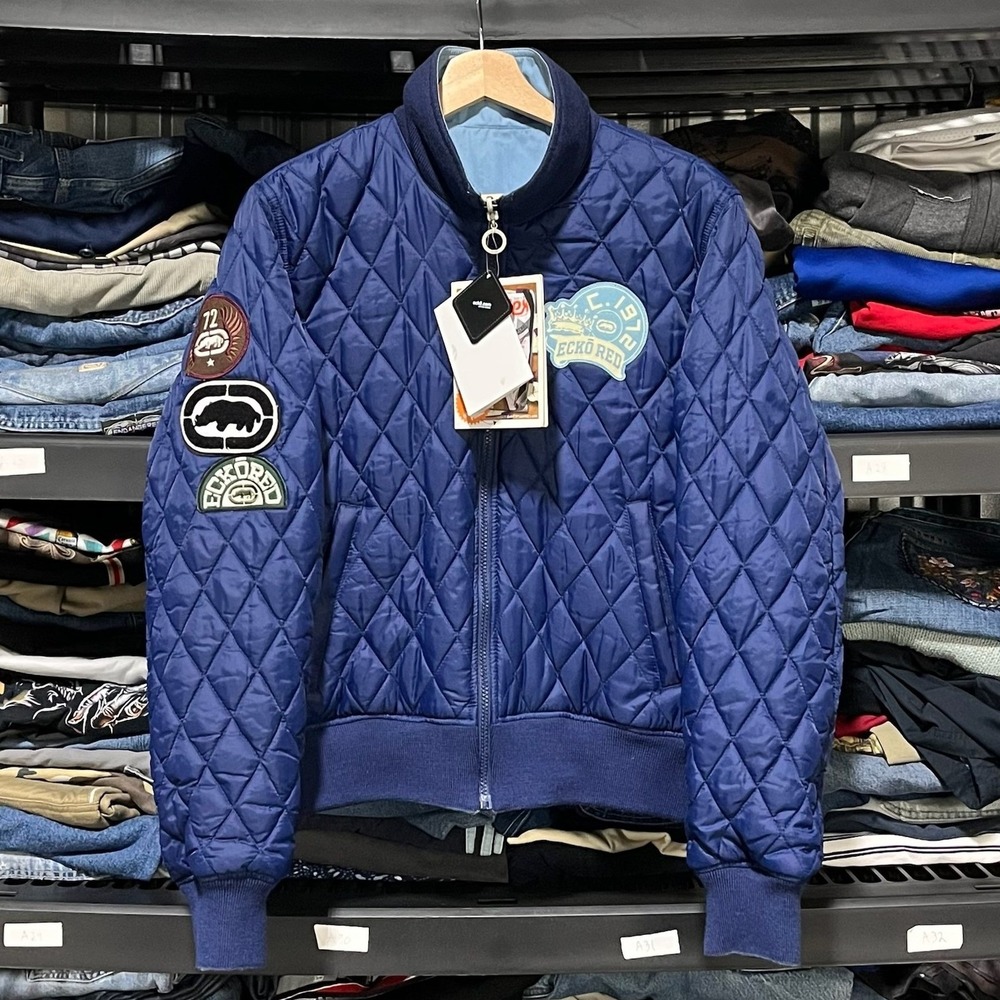 VTG Ecko UNLTD Bomber Jacket Reversible Military Blue Rhino Logo Small Y2K - NEW